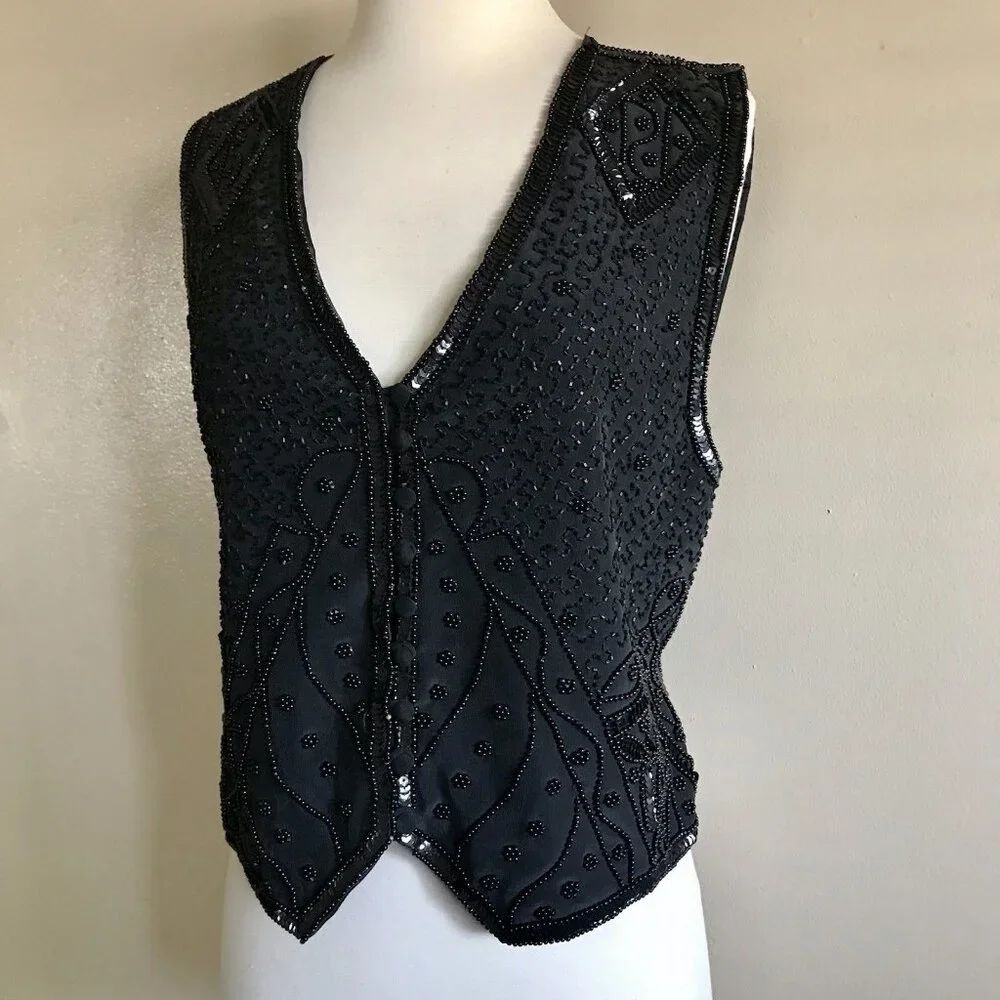 Vintage 90s Spencer Jeremy Black Beaded Sequin Silk Vest - Size M - Picture 3 of 8